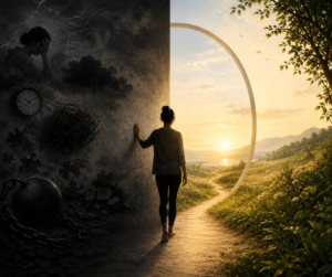 Woman moving from old patterns into a brighter future, symbolizing identity change and lasting transformation.